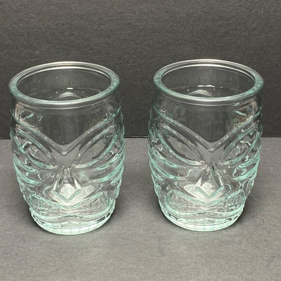 Tiki Face Clear Glass Ribbed Barrel Shape Hawaiian Cocktail Drinkware Set of  2 - Picture 1 of 9